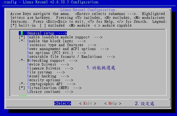 make menuconfig 核心功能挑選選單示意圖